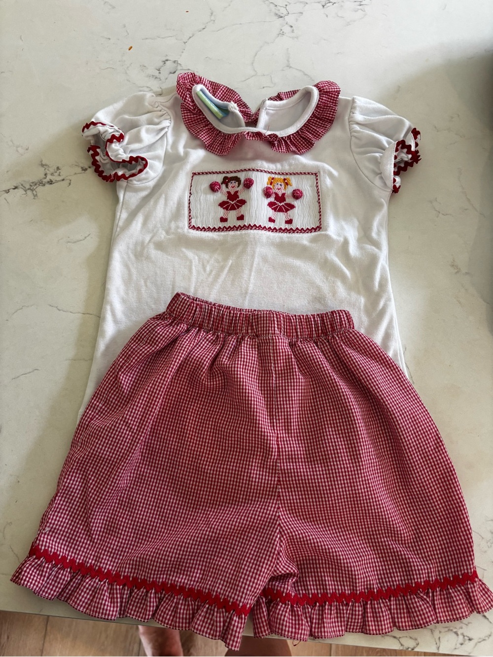 Girls White & Red Smocked Two-Piece Top and Shorts Set